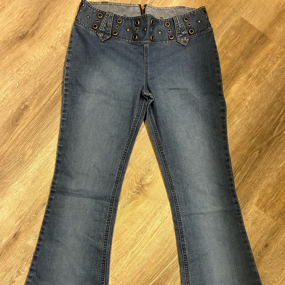 Y2K Mudd Studded-Waist Flare No Pockets Back Zip Jeans - Blue Denim